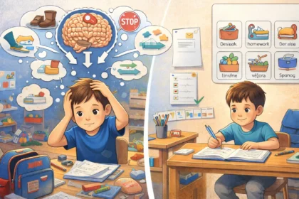 Kreslená ilustrácia porovnávajúca dve situácie: Zmätený školák s preťaženou pracovnou pamäťou v chaotickom prostredí a organizovaný školák v upratanej izbe s vizuálnym rozvrhom a piktogramami, ktorý sa sústredí na učenie.