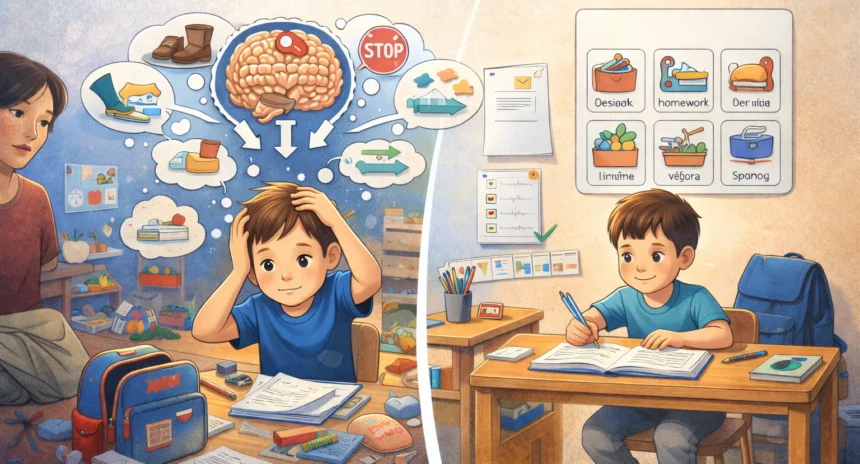 Kreslená ilustrácia porovnávajúca dve situácie: Zmätený školák s preťaženou pracovnou pamäťou v chaotickom prostredí a organizovaný školák v upratanej izbe s vizuálnym rozvrhom a piktogramami, ktorý sa sústredí na učenie.