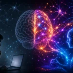 Ilustrácia mozgu so žiariacimi neurónovými spojeniami prepojeného s umelou inteligenciou, znázorňujúca neuroplasticitu a vznik synapsií