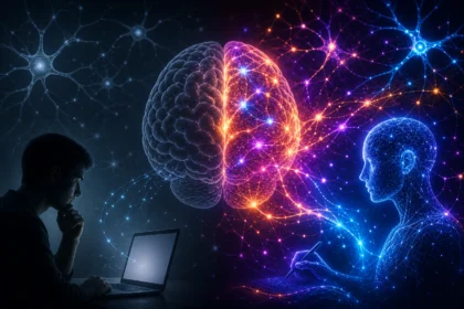 Ilustrácia mozgu so žiariacimi neurónovými spojeniami prepojeného s umelou inteligenciou, znázorňujúca neuroplasticitu a vznik synapsií
