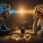 Ilustrácia znázorňujúca dvoch ľudí pri rozhovore, ktorých mozgy sú prepojené svetelnými vlnami, symbolizujúcimi neurónovú synchroniu a vzájomné porozumenie.