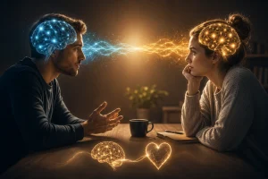 Ilustrácia znázorňujúca dvoch ľudí pri rozhovore, ktorých mozgy sú prepojené svetelnými vlnami, symbolizujúcimi neurónovú synchroniu a vzájomné porozumenie.