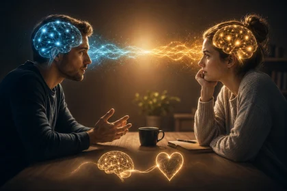Ilustrácia znázorňujúca dvoch ľudí pri rozhovore, ktorých mozgy sú prepojené svetelnými vlnami, symbolizujúcimi neurónovú synchroniu a vzájomné porozumenie.