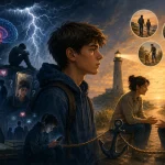 Ilustrácia tínedžera prechádzajúceho emocionálnou búrkou puberty, kontrast medzi vnútorným chaosom a podporným rozhovorom s rodičom pri majáku.