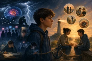 Ilustrácia tínedžera prechádzajúceho emocionálnou búrkou puberty, kontrast medzi vnútorným chaosom a podporným rozhovorom s rodičom pri majáku.