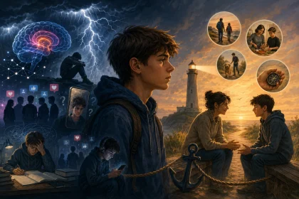 Ilustrácia tínedžera prechádzajúceho emocionálnou búrkou puberty, kontrast medzi vnútorným chaosom a podporným rozhovorom s rodičom pri majáku.
