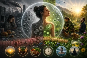 Ilustrácia chronického zápalu ako reakcie ľudského tela na moderné prostredie, svetlo obrazoviek, stres a narušený biologický rytmus