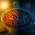 Umelecké znázornenie mitochondrie rozdelenej na dennú a nočnú fázu. Ľavá strana zobrazuje slnečné svetlo, zdravé jedlo a energiu, pravá strana nočnú regeneráciu, spánok a proces mitofágie.