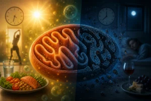 Umelecké znázornenie mitochondrie rozdelenej na dennú a nočnú fázu. Ľavá strana zobrazuje slnečné svetlo, zdravé jedlo a energiu, pravá strana nočnú regeneráciu, spánok a proces mitofágie.