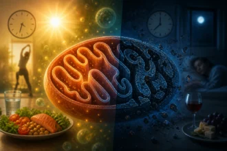Umelecké znázornenie mitochondrie rozdelenej na dennú a nočnú fázu. Ľavá strana zobrazuje slnečné svetlo, zdravé jedlo a energiu, pravá strana nočnú regeneráciu, spánok a proces mitofágie.