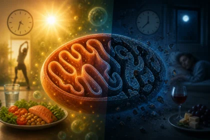 Umelecké znázornenie mitochondrie rozdelenej na dennú a nočnú fázu. Ľavá strana zobrazuje slnečné svetlo, zdravé jedlo a energiu, pravá strana nočnú regeneráciu, spánok a proces mitofágie.