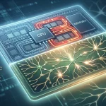 Schématický rez mikročipom porovnávajúci dve architektúry. Horná časť zobrazuje „Tradičnú digitálnu architektúru“ s prepojením CPU a pamäte a červenými šípkami pre hustú dátovú prevádzku. Dolná časť zobrazuje Neuromorfnú analógovú architektúru s organickou štruktúrou neurónovej siete a svetelnými synaptickými zážihmi.