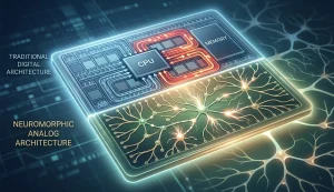 Schématický rez mikročipom porovnávajúci dve architektúry. Horná časť zobrazuje „Tradičnú digitálnu architektúru“ s prepojením CPU a pamäte a červenými šípkami pre hustú dátovú prevádzku. Dolná časť zobrazuje Neuromorfnú analógovú architektúru s organickou štruktúrou neurónovej siete a svetelnými synaptickými zážihmi.