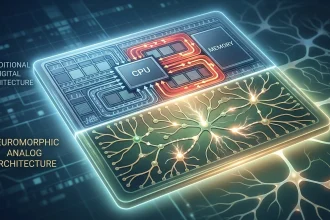 Schématický rez mikročipom porovnávajúci dve architektúry. Horná časť zobrazuje „Tradičnú digitálnu architektúru“ s prepojením CPU a pamäte a červenými šípkami pre hustú dátovú prevádzku. Dolná časť zobrazuje Neuromorfnú analógovú architektúru s organickou štruktúrou neurónovej siete a svetelnými synaptickými zážihmi.