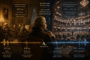 Infografika zobrazujúca zmeny frekvencie tónu A od baroka po súčasnosť, porovnanie ladenia 415 Hz v barokovom salóne a 442 Hz v modernej koncertnej sále.