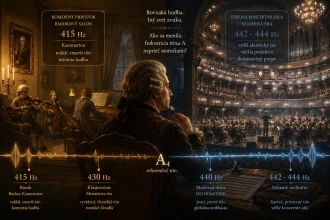 Infografika zobrazujúca zmeny frekvencie tónu A od baroka po súčasnosť, porovnanie ladenia 415 Hz v barokovom salóne a 442 Hz v modernej koncertnej sále.