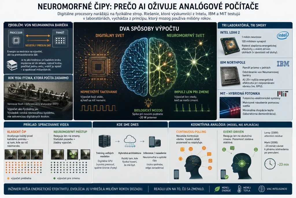 Infografika porovnávajúca energetickú efektivitu digitálnych čipov a analógových neuromorfných procesorov (Intel Loihi 2, IBM NorthPole) na modeli fungovania ľudského mozgu a kognitívnej pozornosti.