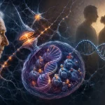 Surrealistická vedecká ilustrácia neurónových spojení, jadra neurónu a DNA symbolizujúca rekonštrukciu pamäte, epigenetiku a Alzheimerovu chorobu.