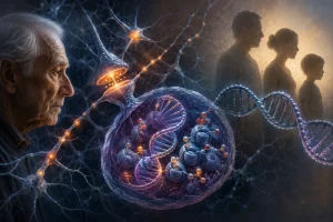 Surrealistická vedecká ilustrácia neurónových spojení, jadra neurónu a DNA symbolizujúca rekonštrukciu pamäte, epigenetiku a Alzheimerovu chorobu.