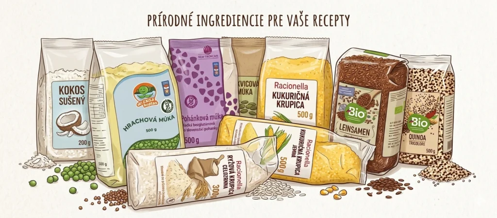 Ilustrácia rôznych rastlinných surovín pre zdravý mikrobióm vrátane hrachovej múky, quinoi, pohánky, ľanu a kokosu.