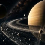 Saturn s výraznými prstencami a mesiacom Titan, obklopený menšími satelitmi a prachom v dynamickom systéme