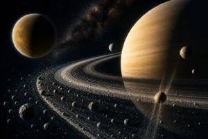 Saturn s výraznými prstencami a mesiacom Titan, obklopený menšími satelitmi a prachom v dynamickom systéme