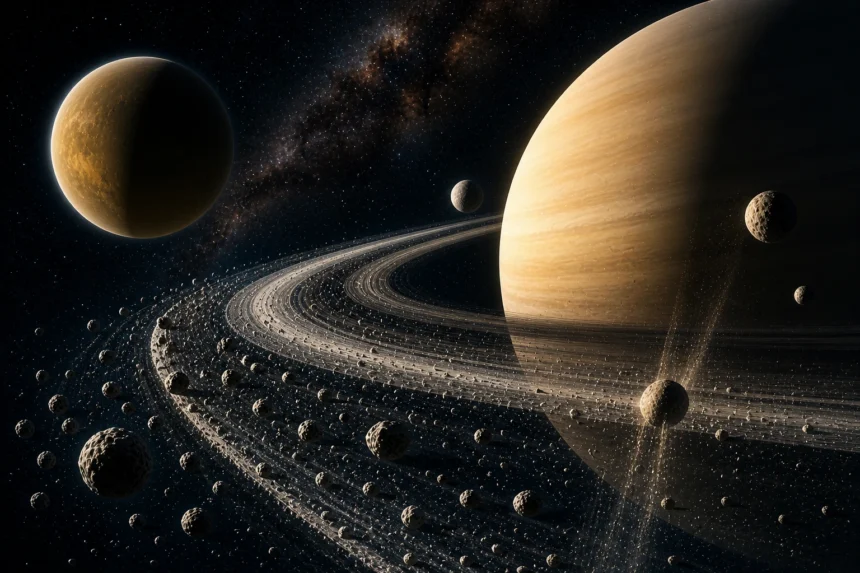 Saturn s výraznými prstencami a mesiacom Titan, obklopený menšími satelitmi a prachom v dynamickom systéme