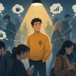 Ilustrácia spotlight efektu – človek pod reflektorom v dave, zatiaľ čo ostatní ľudia venujú pozornosť sebe navzájom.