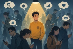 Ilustrácia spotlight efektu – človek pod reflektorom v dave, zatiaľ čo ostatní ľudia venujú pozornosť sebe navzájom.