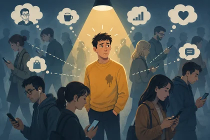 Ilustrácia spotlight efektu – človek pod reflektorom v dave, zatiaľ čo ostatní ľudia venujú pozornosť sebe navzájom.