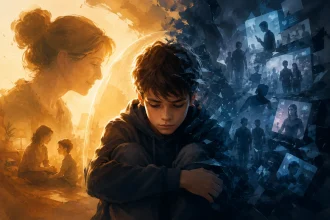 Ilustrácia chlapca sediaceho medzi teplým svetom rodičovskej blízkosti a chladným digitálnym svetom sociálnych médií, symbolizujúca vnútorné prežívanie detí vo veku 10–12 rokov.