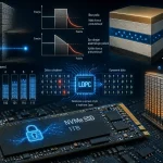 Ilustrácia kvantového tunelovania a SSD pamäte s vrstvenou štruktúrou NAND buniek, energetickými diagramami a LDPC korekciou chýb v modernom úložisku dát.