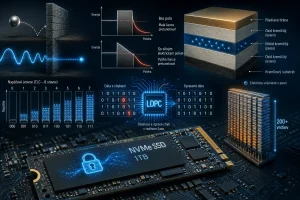 Ilustrácia kvantového tunelovania a SSD pamäte s vrstvenou štruktúrou NAND buniek, energetickými diagramami a LDPC korekciou chýb v modernom úložisku dát.