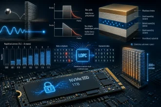 Ilustrácia kvantového tunelovania a SSD pamäte s vrstvenou štruktúrou NAND buniek, energetickými diagramami a LDPC korekciou chýb v modernom úložisku dát.