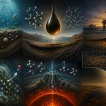 Ilustrácia porovnávajúca biogénny a abiogénny pôvod ropy – sedimentácia pravekých organizmov, geologické vrstvy, serpentinizácia, hlbinná syntéza uhľovodíkov a ropné ložiská v zemskom podloží.