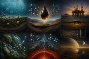 Ilustrácia porovnávajúca biogénny a abiogénny pôvod ropy – sedimentácia pravekých organizmov, geologické vrstvy, serpentinizácia, hlbinná syntéza uhľovodíkov a ropné ložiská v zemskom podloží.