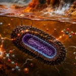 Ilustrácia acidofilnej baktérie v extrémne kyslom prostredí, zobrazujúca elektrochemické procesy, prenos elektrónov a úlohu melanínu v redoxnom metabolizme