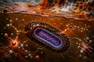Ilustrácia acidofilnej baktérie v extrémne kyslom prostredí, zobrazujúca elektrochemické procesy, prenos elektrónov a úlohu melanínu v redoxnom metabolizme