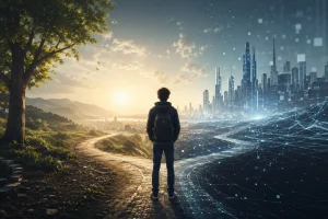 Mladý človek stojí na ceste rozdelenej medzi prírodný a digitálny futuristický svet, symbolizujúci rozhodovanie a orientáciu v technologickej transformácii.