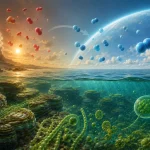 Umelecká ilustrácia raných oceánov Zeme s cyanobaktériami produkujúcimi kyslík počas Veľkej oxidácie, ktorá zmenila atmosféru planéty a pripravila podmienky pre vznik komplexného života.