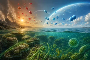 Umelecká ilustrácia raných oceánov Zeme s cyanobaktériami produkujúcimi kyslík počas Veľkej oxidácie, ktorá zmenila atmosféru planéty a pripravila podmienky pre vznik komplexného života.