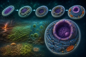 Ilustrácia znázorňujúca evolučnú transformáciu bunky, kde sa v hornej časti nachádza sekvencia premeny od jednoduchej bunky bez jadra po plne vyvinutú eukaryotickú bunku s jadrovou membránou, mitochondriami a endoplazmatickým retikulom. V spodnej časti sú zobrazené mikroorganizmy v pravekom oceáne a detailný prierez eukaryotickou bunkou s fialovým jadrom uprostred.
