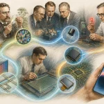 Koláž vedeckých objavov vedúcich k modernému smartfónu.