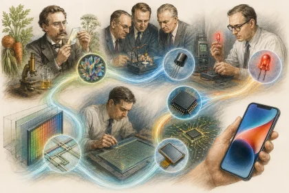 Koláž vedeckých objavov vedúcich k modernému smartfónu.
