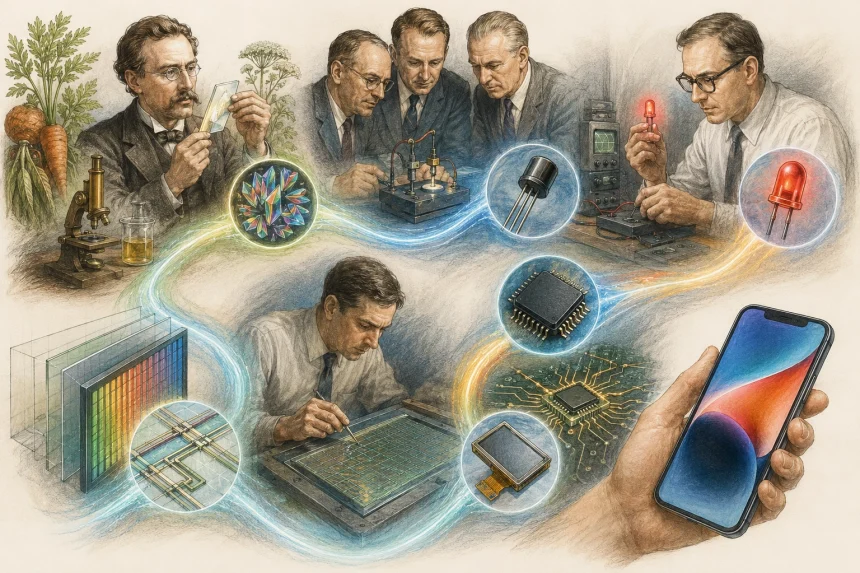 Koláž vedeckých objavov vedúcich k modernému smartfónu.