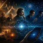 Ilustrácia vývoja fyziky od klasickej vedy po kvantovú mechaniku s vedcami Maxwell, Planck, Einstein a Schrödingerom a moderným smartfónom symbolizujúcim kvantovú technológiu.