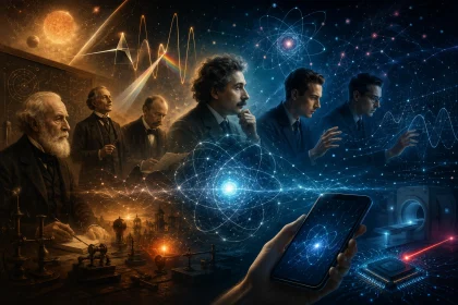 Ilustrácia vývoja fyziky od klasickej vedy po kvantovú mechaniku s vedcami Maxwell, Planck, Einstein a Schrödingerom a moderným smartfónom symbolizujúcim kvantovú technológiu.