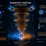 Futuristická ilustrácia kvantového počítača zobrazujúca kryogénny kvantový procesor, qubit v superpozícii a princíp konštruktívnej a deštruktívnej interferencie amplitúd.
