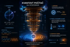 Futuristická ilustrácia kvantového počítača zobrazujúca kryogénny kvantový procesor, qubit v superpozícii a princíp konštruktívnej a deštruktívnej interferencie amplitúd.