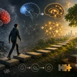 Ilustrácia zobrazujúca prechod od chaosu k usporiadanému životu pomocou malých krokov, s motívmi mozgu, neurónových sietí, návykov a postupnej osobnej transformácie.